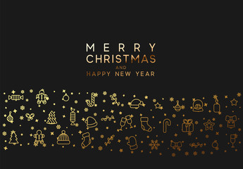Wall Mural - Merry Christmas and happy new year. Black background with festive gold linear style