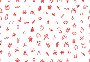Wall Mural - Winter seamless pattern background with red Christmas festive elements and objects in line art