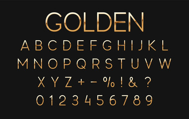 Fototapete - Gold font and alphabet. Golden letters and numbers on black background