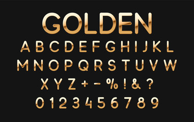 Fototapete - Gold font and alphabet. Golden letters and numbers on black background