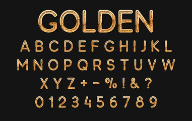 Wall Mural - gold font and alphabet. golden letters and numbers on black background