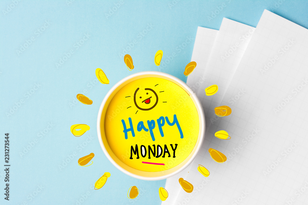 Happy monday quote and coffe cup on blue background. Time to break concept. Stock Photo | Adobe Stock