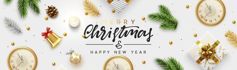 Wall Mural - Christmas banner. Background Xmas objects viewed from above. Text Merry Christmas and happy New Year