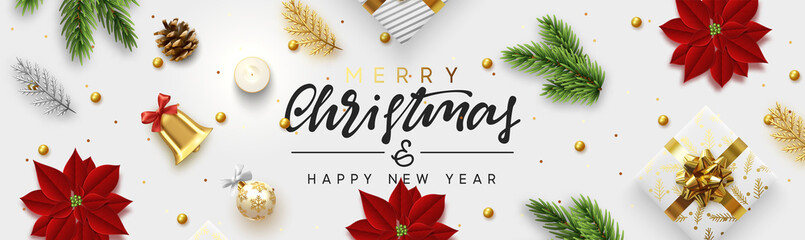 Wall Mural - Christmas banner. Background Xmas objects viewed from above. Text Merry Christmas and happy New Year