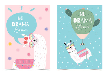 Wall Mural - Blue pink hand drawn cute card with llama, star,glasses,cactus,balloon and rainbow.No drama llama in bubble