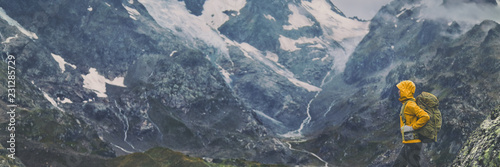 Fotografía Mountain hike Europe travel hiker woman trekking in Switzerland Alps mountains landscape background
