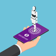 Poster - Isometric businessman holding smartphone with ai robot assistant