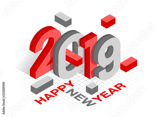 Fotografía 3D isometric text 2019 in red and gray color with abstract elements on grid background