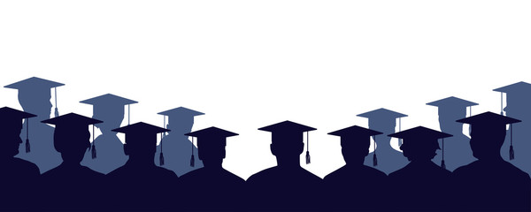 Wall Mural - Group of university graduates. Crowd of people of students, in mantles and square academic caps. High school graduation. Audience silhouette vector