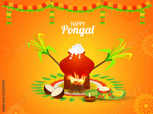 Happy Pongal Celebration Poster Design With Traditional Pot And