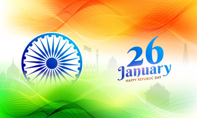 Poster - 26 January celebration background with illustration of Famous Indian Monuments and Ashoka Wheel with tricolor wavy abstract pattern.