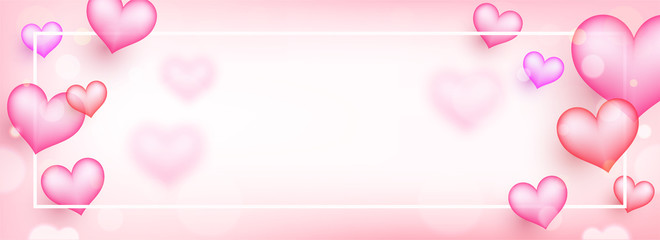 Wall Mural - website poster or banner design decorated with pink and purple hearts on glossy blurred background.