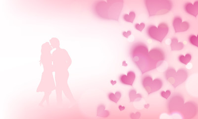 Wall Mural - Glossy pink background decorated with hearts and illustration of young couple in love. Valentines day greeting card design.