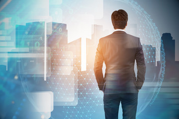 Poster - Man looking at city, digital interface