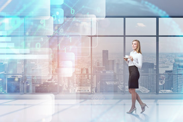 Poster - Woman with coffee in office, digital interface
