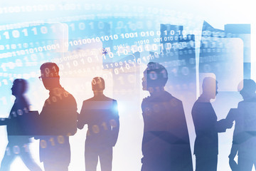Poster - Business team in city, binary numbers