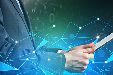 Poster - Man with tablet, binary numbers, network