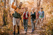 © dusanpetkovic1 - Man holding map and showing other hikers right way while walking in woods.