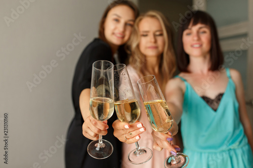 Women Party Three Funny Beautiful Women With Glasses Of Champagne