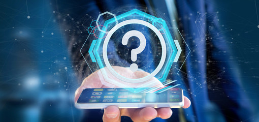 Poster - Man holding a Technology question mark icon on a circle 3d rendering