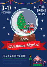 Christmas Market Poster Design Template. Cartoon Greeting Card For New Year Party Or Market. Vector Illustration