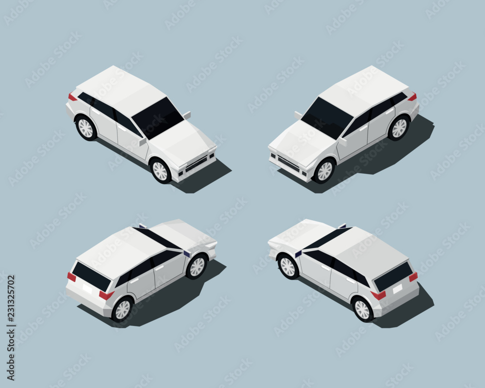 Isometric cars in four different positions lowpoly vector illustration ...