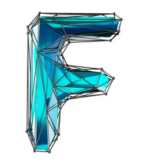 Capital latin letter F in low poly style blue color isolated on white background