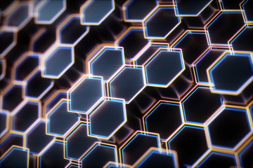 Wall Mural - Black abstract hexagon background, 3d rendering honeycomb background with bright edges.