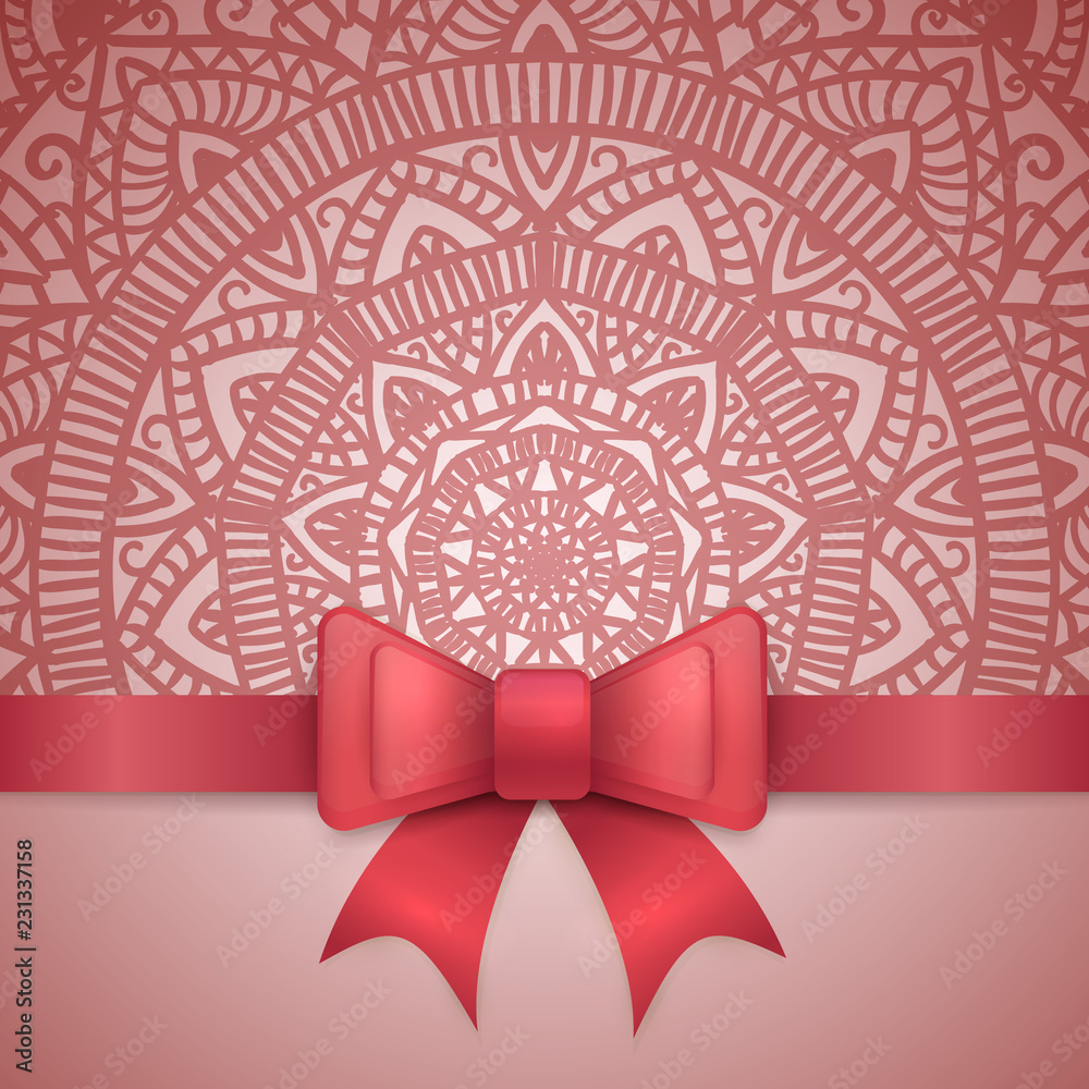Pink vintage greeting card template with bow ribbon and laces. Red ...