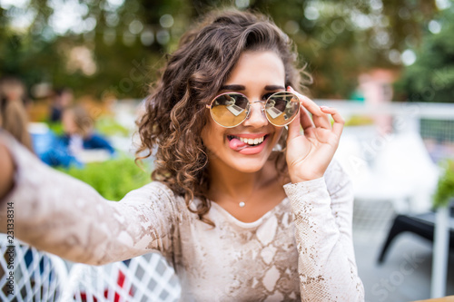 Closeup Selfie Portrait Student Of Attractive Girl In Sunglasses