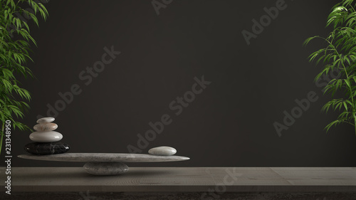 Cuadros en Lienzo Empty interior design concept, feng shui, zen idea, wooden vintage table or shel