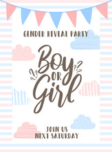 Template Invitation Card With The Inscription Boy Or Girl On Striped Background, Blue And Pink Clouds And Flags. Vector Illustration For Gender Reveal Party. Ð¡oncept Of Holiday, Pregnancy, Motherhood