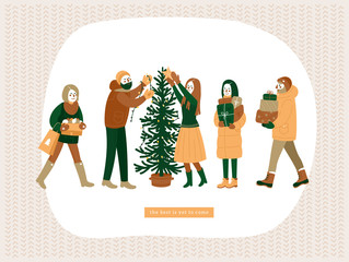 Happy friends decorating christmas tree. Winter holidays. People celebrating holiday. Greeting card. Vector illustration