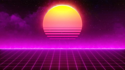 Wall Mural - Retro-futuristic 80s synthwave sun grid background. Perfectly seamless looped opener animation.