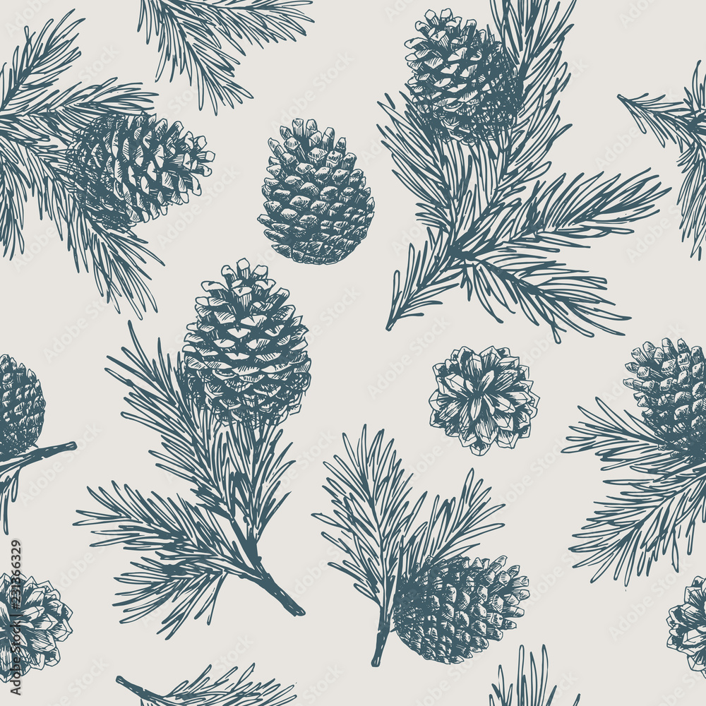 Pine cones seamless pattern. Christmas gift wrapping. Vector illustration - obrazy, fototapety, plakaty 