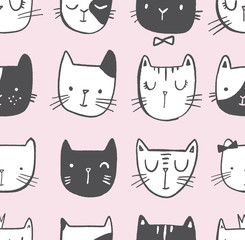 Naklejka na meble Cat vector doodle pattern with hand drawn cat faces. Seamless print illustration for children.
