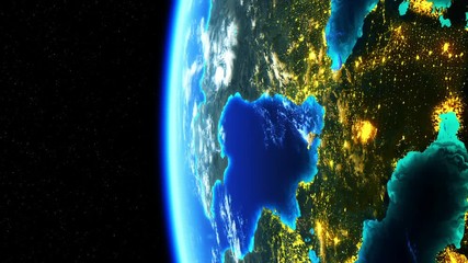 Wall Mural - 4k. amazing view on planet earth with glowing lights of cities. 3840x2160. seamless looped. 3d anima