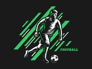 Wall Mural - Football player, soccer player runs with the ball - vector illustration on a black background