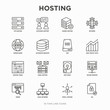 Hosting thin line icons set: VPS, customer support, domain name, automated backup, SSD, control panel, secure server, local network, SSL. Modern vector illustration.