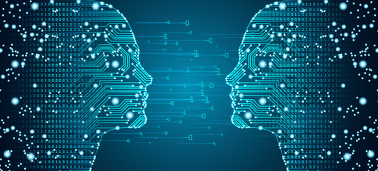 Wall Mural - Big data, artificial intelligence, machine learning in online face-to-face marketing concept in form of two woman faces outline with circuit board and binary data flow on blue background.