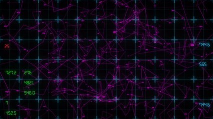 Poster - Digital world map. Information board on the grid. Sci-fi movie. Multicolored numbers.Seamless loop.