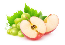 Isolated Fruits. Cut Red Apple And Bunch Of White Grapes Isolated On White Background With Clipping Path