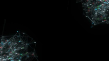 Poster - Information clouds. Depth of field. Seamless loop.3d rendered abstract plexus shapes. Connection and web concept. Digital, communication and technology background with lines and dots. Loopable
