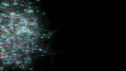 Poster - World information web. Signal transmission. Seamless loop.Social network connections. Connecting people on the internet, nodes transforming into the shape of a world map. Blue version. Available in