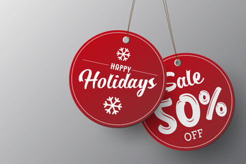 Aufkleber - Red Christmas sale paper tags vector set with different shapes and ornaments elements in red colour hanging with discount text for christmas holiday shopping promotion. 