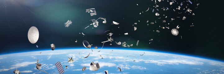 Wall Mural - space junk in earth orbit, dangerous debris orbiting around the blue planet