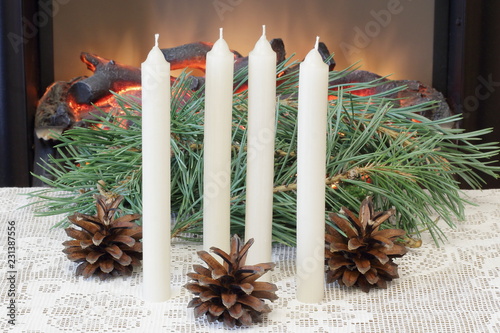 Advent Christmas White Wax Candles Pine Branches And Pine Cones