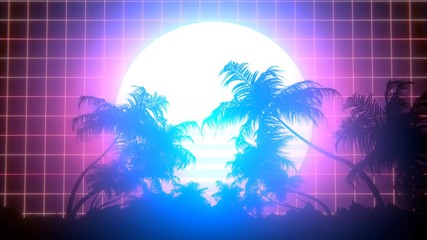 Wall Mural - Retro-futuristic 80s synthwave sun and palm trees grid background. Perfectly seamless looped opener animation.