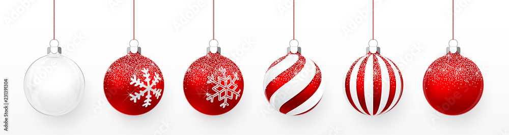 Transparent and Red Christmas ball with snow effect set. Xmas glass ball on white background. Holiday decoration template. Vector illustration - obrazy, fototapety, plakaty 