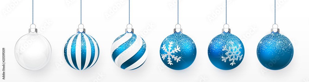 Transparent and Blue Christmas ball with snow effect set. Xmas glass ball on white background. Holiday decoration template. Vector illustration - obrazy, fototapety, plakaty 
